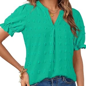 MEROKEETY Swiss Dot V Neck Short Sleeve Shirt XL NWT Teal